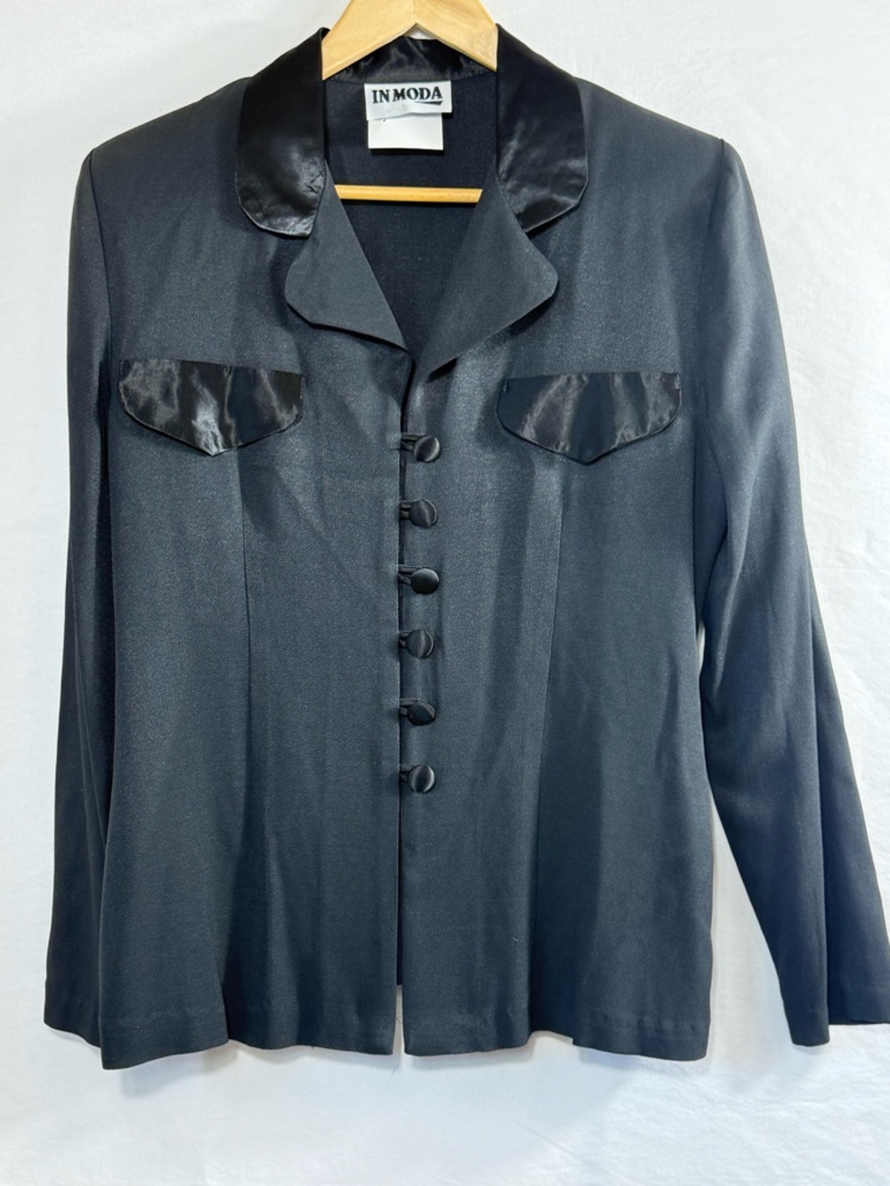 In Moda Black Vintage Satin-Trim Button Front Blazer Blouse